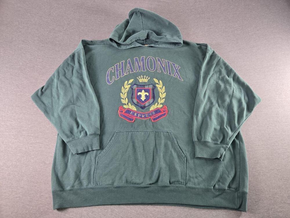 Vtg 90s Y2K Express Hoodie Sweatshirt Mens Large Green Chamonix Graphic Fleece